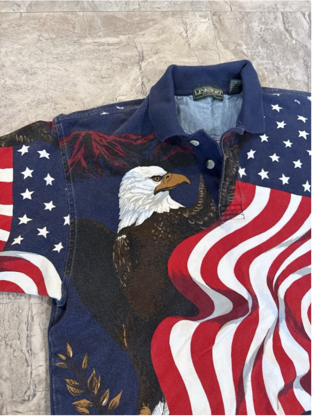 VTG 90s Bald Eagle Polo Shirt Mens American Flag Patriotic All Over Print Sz M